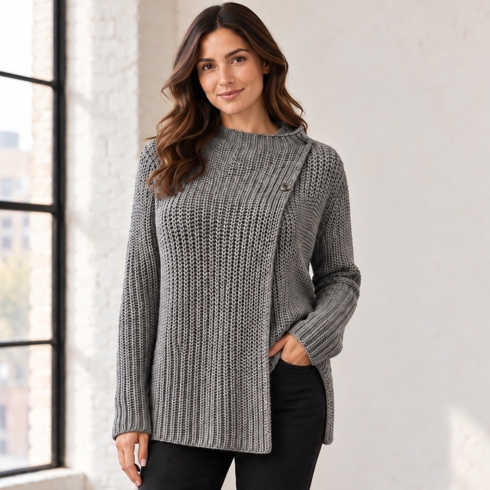 Lou & Grey Cardigan Sweater Cable Knit Crochet Gray Asymmetric Chunky Cozy Small